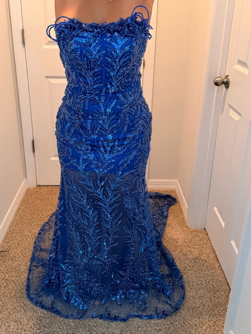 Custom Royal Blue Sequin Beaded Prom Dress & Matching Veil Set - Size 12
